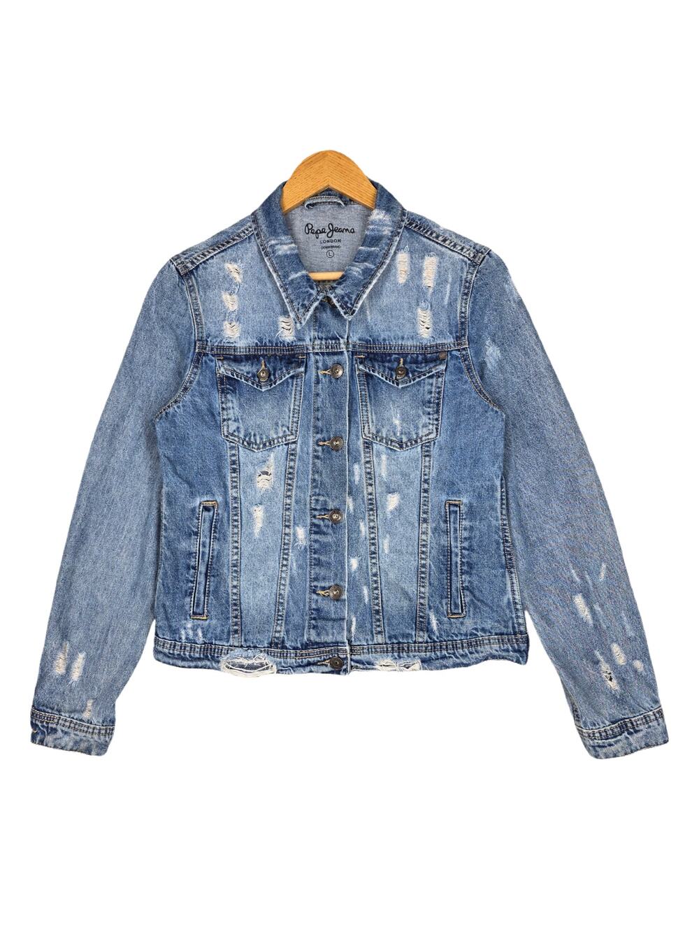 PEPE JEANS LONDON “THRIFT DESTROYER” DENIM JACKET – SIZE L – DISTRESSED – COTTON